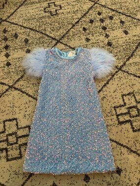 Lola + The Boys Blue Sequin Tweed Dress with Faux Fur Sleeves